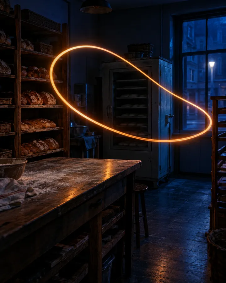 An empty bakery at night, bread racks lit blue, with a loop of orange light traced through the room.