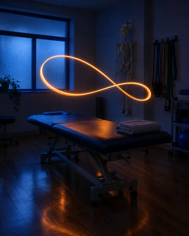 A physiotherapy treatment room at night with a loop of orange light above the table.