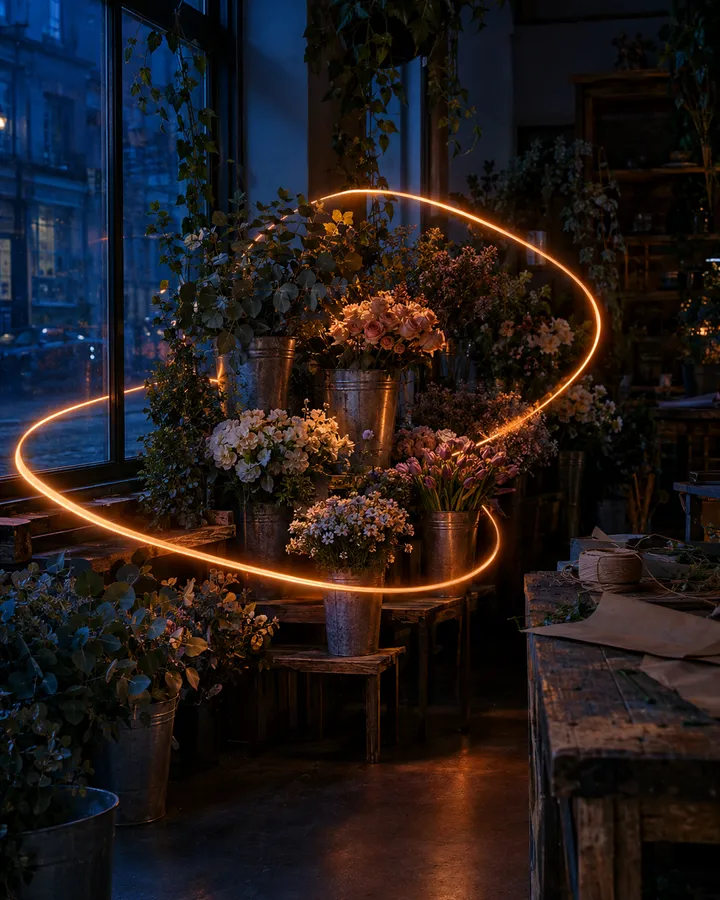 A florist's shop after closing, buckets of flowers with a loop of orange light among them.