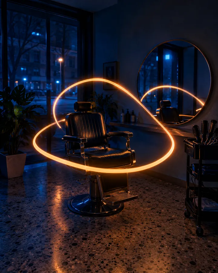 An empty hair salon at night, a barber chair circled by a loop of orange light.