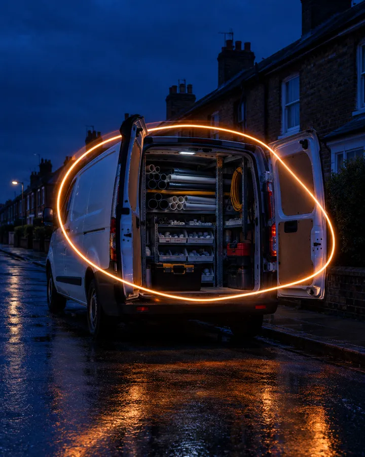 A plumber's van on a terraced street at night, rear doors open, circled by a loop of orange light.