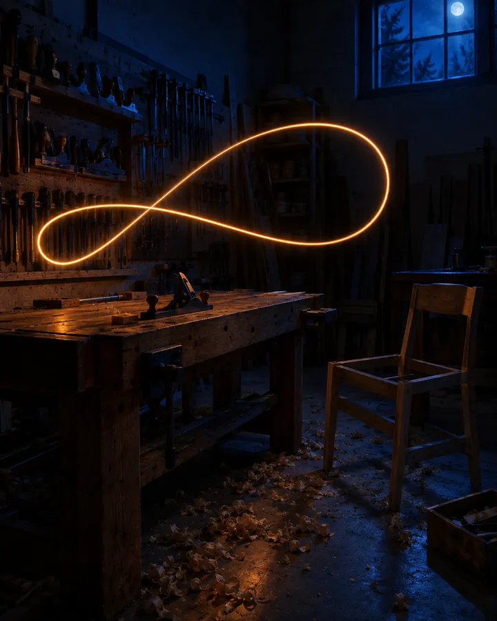 A carpentry workshop after hours, a timber workbench under a loop of orange light.