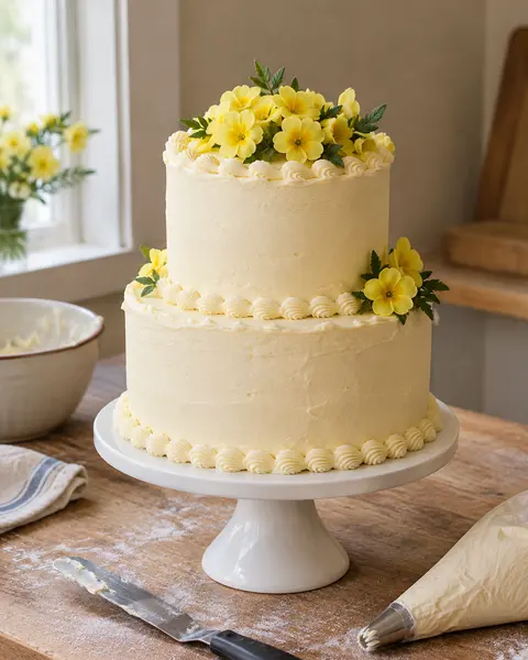 A two-tier cream buttercream cake with yellow primroses on a white stand.