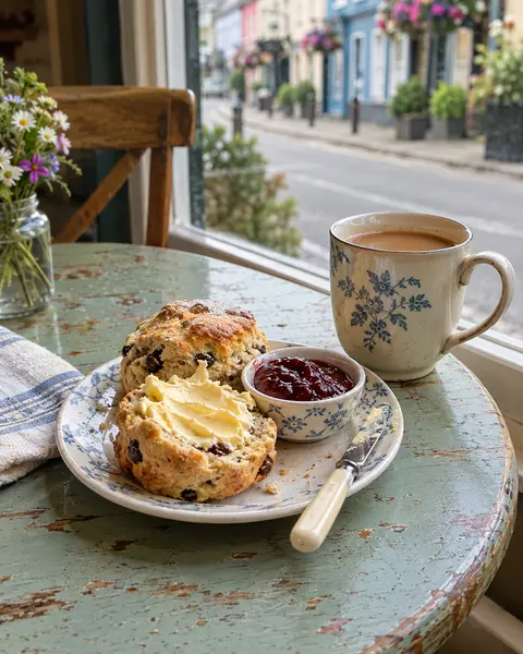 A buttered fruit scone with raspberry jam and a mug of tea on a painted table by the shop window.