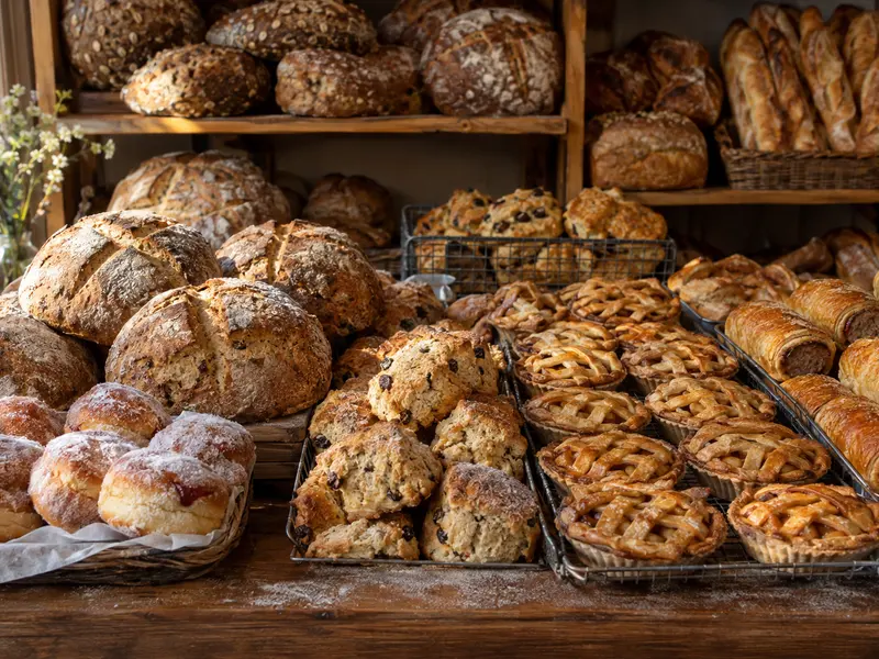 Shelves and wire trays packed with soda bread, fruit scones, apple tarts, sausage rolls and sugared doughnuts.