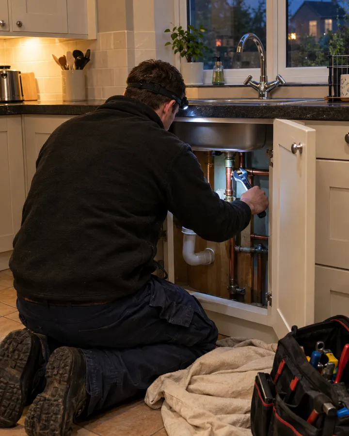 A Dunnock plumber kneeling at an open kitchen cabinet with a head torch, tightening a pipe fitting.
