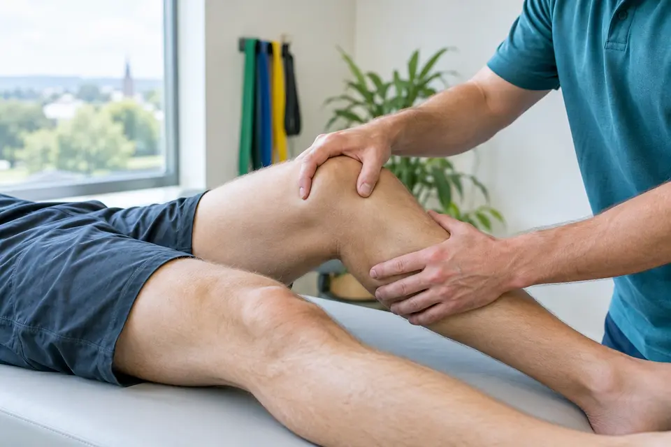 A physiotherapist’s hands assessing a patient’s knee in a bright, calm treatment room.