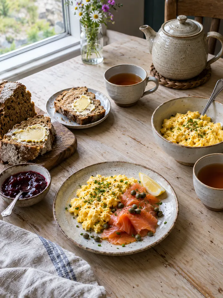 Breakfast on a pale wooden table: brown bread, smoked salmon, scrambled eggs, jam and a pot of tea.