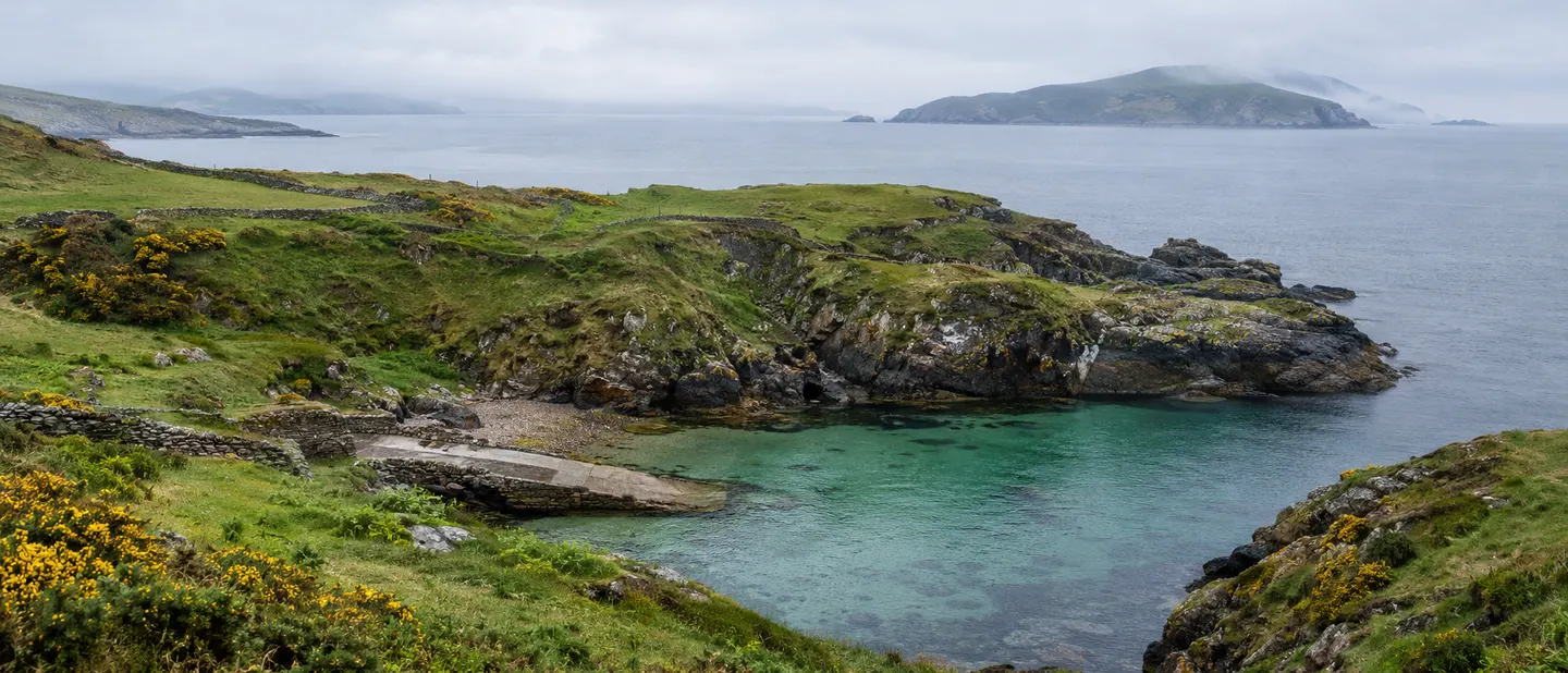 Green headlands with stone walls above a small cove with a slipway and clear green water, in soft morning light.