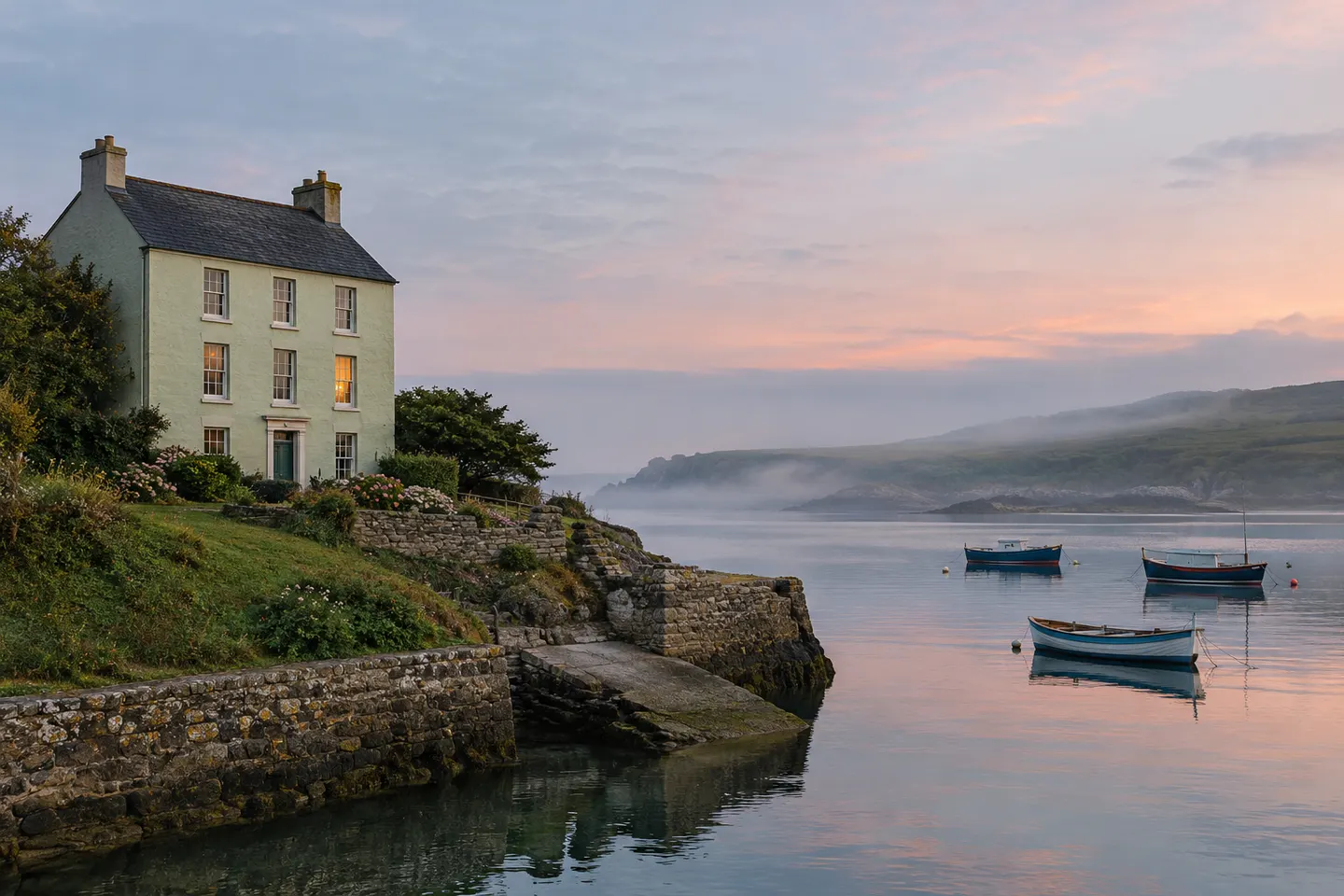 A tall pale house above a still stone harbour at dawn, with small boats moored below the garden.