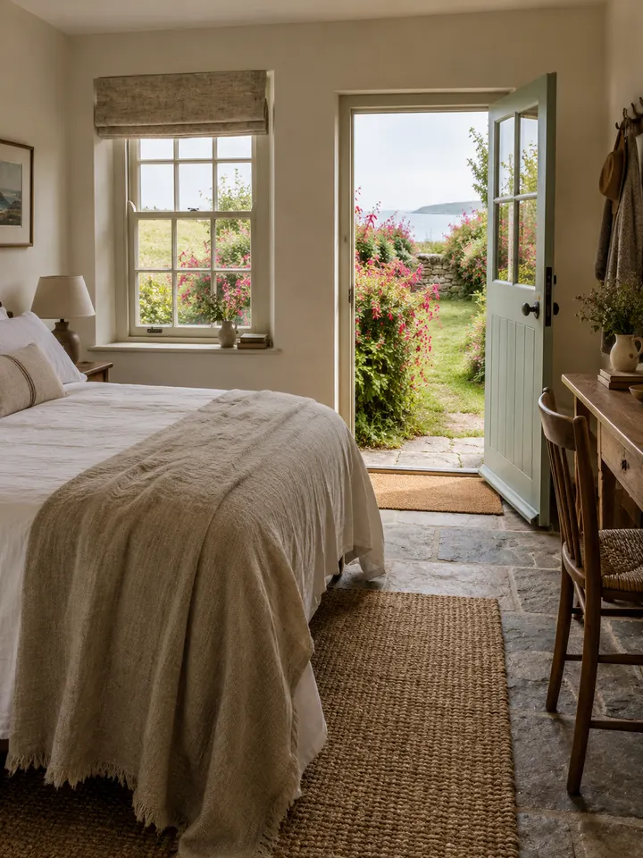 A calm ground-floor bedroom with a stone floor and a half-glazed door open to a green garden.