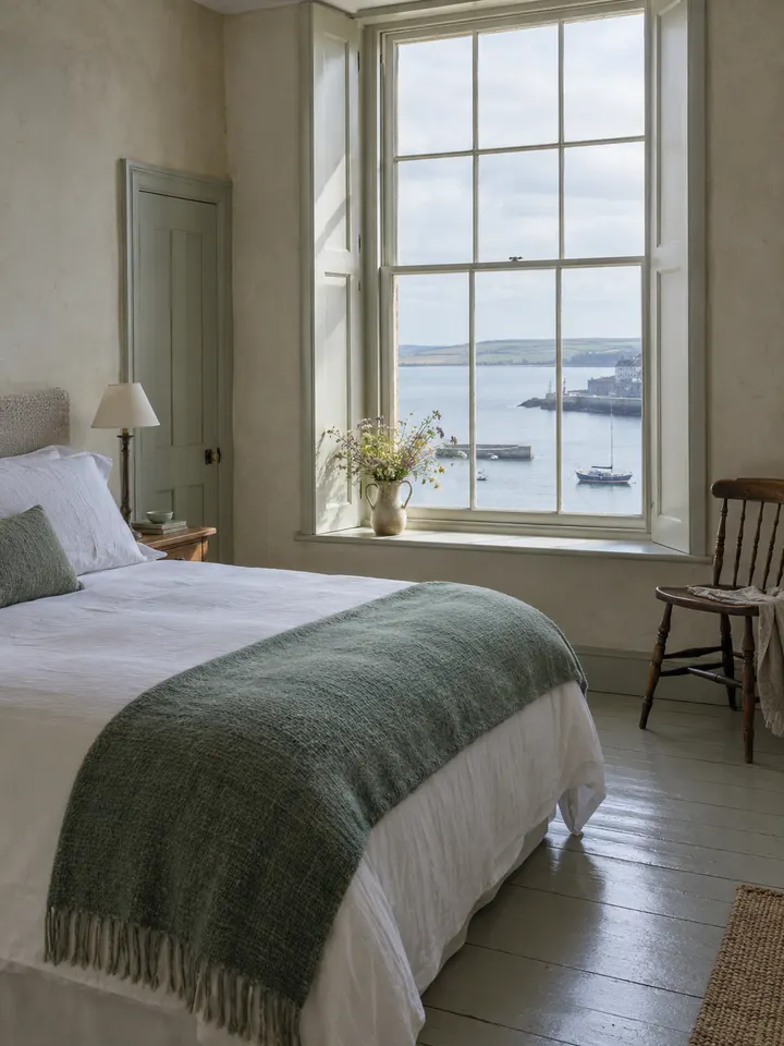 A bright bedroom with white linen and a sea-green throw, and a tall window over the harbour.