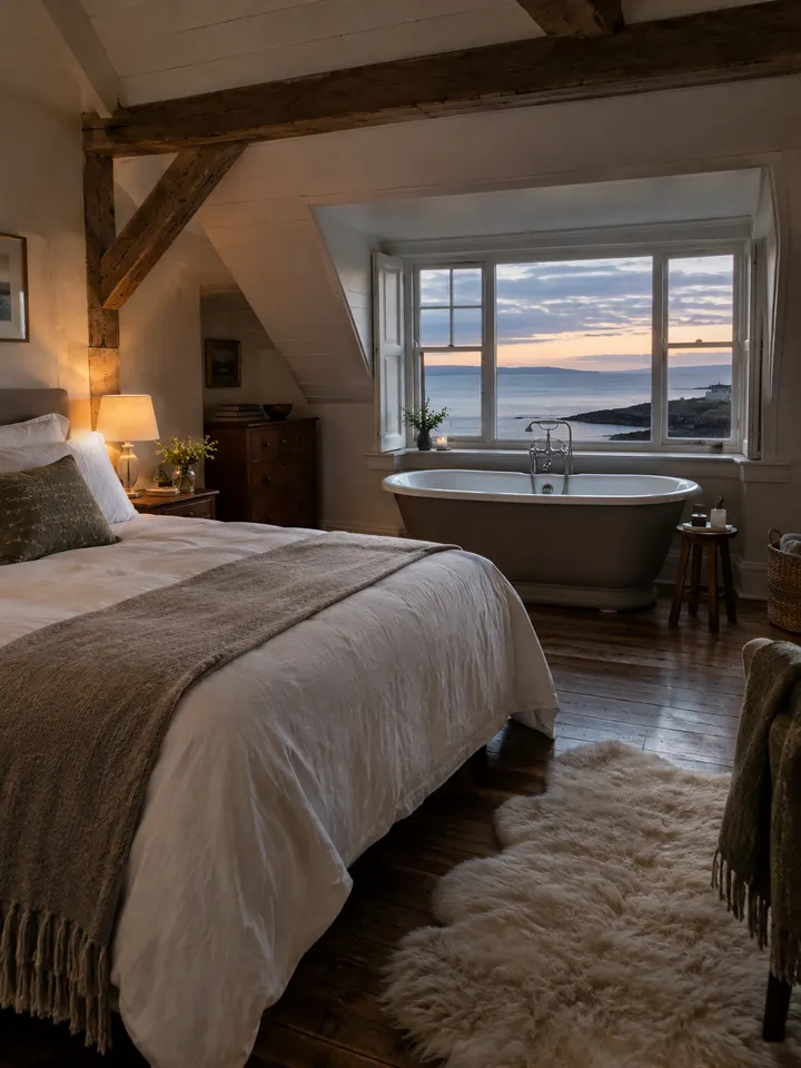An attic suite under sloping beams, with a roll-top bath beneath a wide window over the sea at dusk.