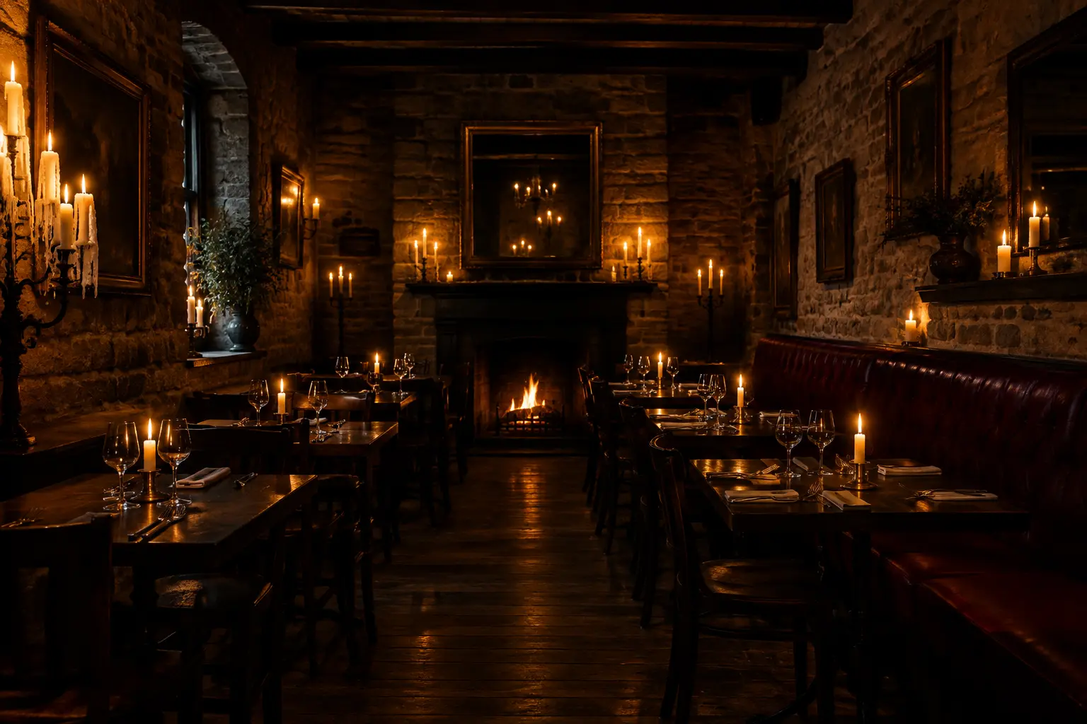 A long, low restaurant room lit by candles, with stone walls, dark tables, an oxblood banquette and a fire at the far end.
