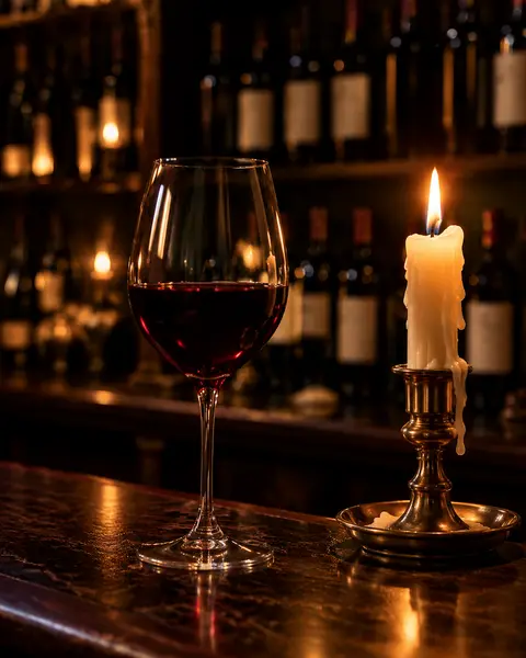 A glass of red wine on a dark bar beside a brass candlestick, with shelves of bottles behind.